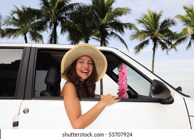 Car Rental: Happy Woman In Her New Car Near The Beach