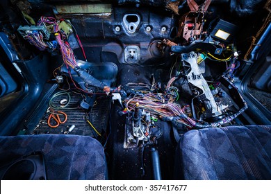 Car Repair & Electric Wiring System Showing Colorful Wire In Old Car, Interior View