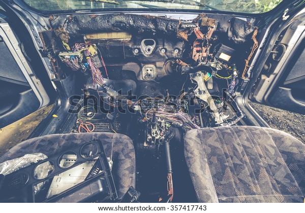 car repair & electric wiring system in old car,\
interior view