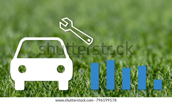 Car repair and maintenance concepts,\
illustration of car and graph on the green\
lawn
