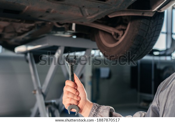Car repair, maintenance and\
vehicle inspection concept. Man holding wrench in front of a\
car