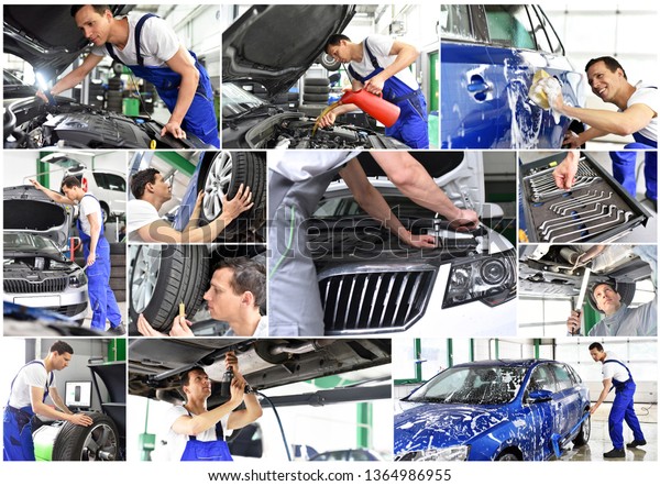 Car repair - mechanic in a\
workshop - car wash - collage with different motives in the working\
world 