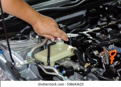 Car Repair Service, Auto Mechanic Checking Water Coolant Level In A Engine.