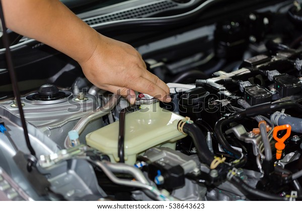 Car repair service, Auto mechanic checking water\
coolant level in a engine.