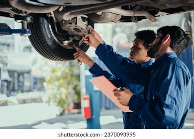 Car repair service. Two professional look technicians inspecting car underbody and suspension system by using check list in modern car service shop. Professional occupation teamwork. - Powered by Shutterstock