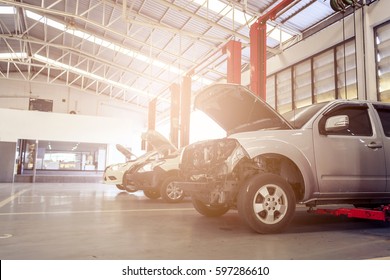 car repair station with soft-focus in the background and over light