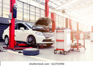 car repair station with soft-focus in the background and over sunlight
