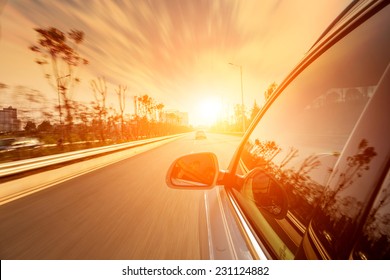 Car Ride On Road In Sunny Weather, Motion Blur 