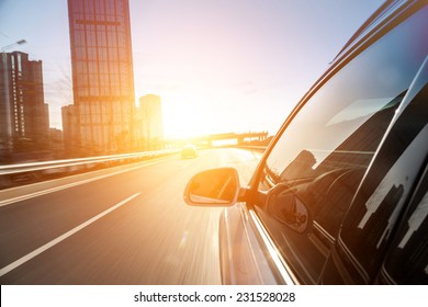 Car Ride On Road In Sunny Weather, Motion Blur