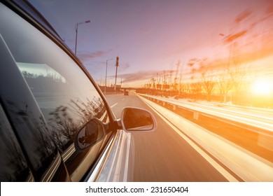 Car Ride On Road In Sunny Weather, Motion Blur