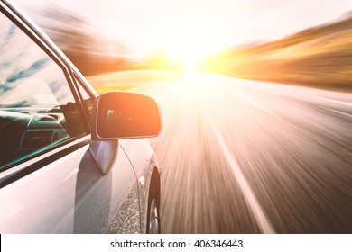 Car Ride On Road In Sunny Weather, Motion Blur