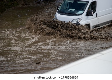 Car Rides In Heavy Rain On A Flooded Road