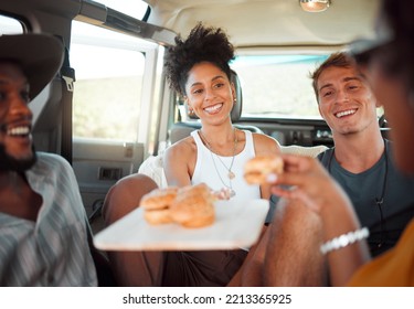 Car, Road Trip And Diversity Friends With Food, Burger Or Snacks For SUV Transportation Journey In Australia. Van Travel Adventure, Happy Friendship Or Hungry Relax Group Of People Eating Fast Food