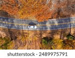 Car road trip on Blue Ridge Parkway in North Carolina Appalachian mountains in fall season. Autumnal landscape of beautiful nature
