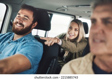 Car Road Trip, Travel And Happy Family Pointing To Destination Of Holiday Adventure, Transportation Journey Or Driving Vacation Site. Love, Auto SUV Van And Driver With Group Of People On Canada Tour