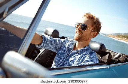 Car road trip, travel and laughing man on holiday adventure, transportation journey or fun summer vacation. Ocean sea, convertible automobile and happy driver driving on Australia countryside tour - Powered by Shutterstock