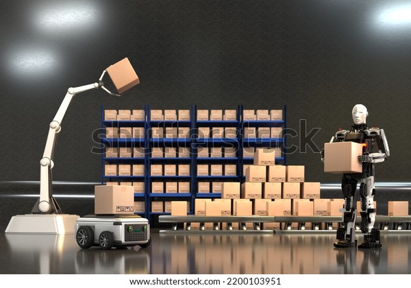 Car Robot transports truck Box with AI\
interface Object for manufacturing industry technology Product\
export and import of future Robot cyber in the warehouse by Arm\
mechanical future\
technology