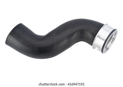 Car Rubber Intake Radiator Hose Isolated On White Background. Intercooler Pipe Which Is Placed In The Air Flow Between The Turbocharger And The Engine Intake