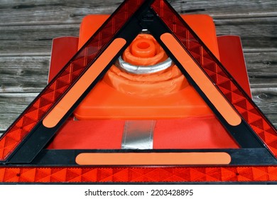 Car Safety Measures Of Warning Foldaway Reflective Road Hazard Warning Triangle, Safety Vest With Reflective Stripes, Car Traffic Cone And Phosphorescent Reflective Stickers, Selective Focus