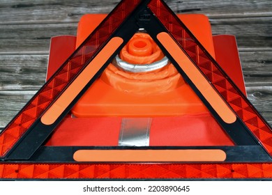 Car Safety Measures Of Warning Foldaway Reflective Road Hazard Warning Triangle, Safety Vest With Reflective Stripes, Car Traffic Cone And Phosphorescent Reflective Stickers, Selective Focus