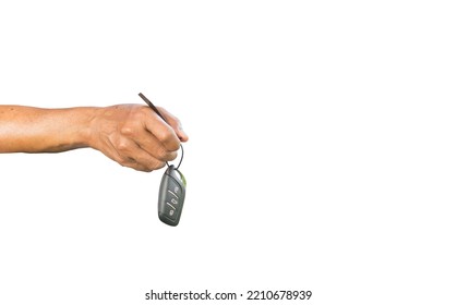 Car Seller Or Dealer's Hand Handing Over Digital Car Key To Customer Or Buyer On Delivery Day Is Isolated On White Background.