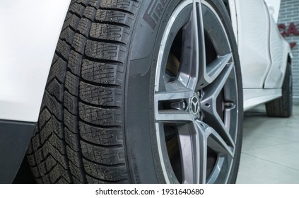 Car Service Center. Wheel Close-up, Mercedes Car, Pirelli Tires. 08.03.2021 Minsk. Belarus