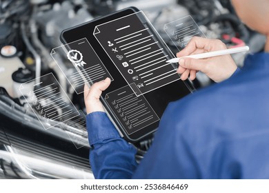 Car service checklist online, Quality Conditions concept, Women's Service Center Officer use tablets document check best quality and service, Modern technology Customer Satisfaction, product warranty - Powered by Shutterstock