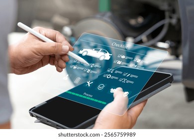 Car service and maintenance process basic standard point check, Technician of Service Center Officers use tablets to check vehicle inspection maintenance topics, Replacement period of worn-out parts.