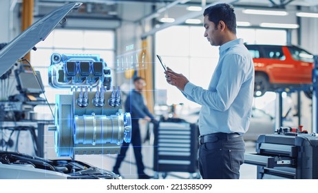 Car Service Manager Uses a Tablet Computer with a Futuristic Augmented Reality Diagnostics Software. Focused Specialist Inspecting the V6 Internal Combustion Engine in Order to Find Broken Components. - Powered by Shutterstock