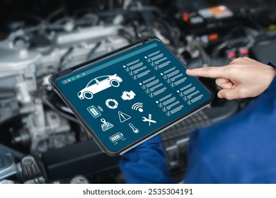 Car service technology, Software online and checklist concept, Women's Service Center Officer use tablets car defects check and maintenance topic for service, Checkup automotive. Customer service - Powered by Shutterstock