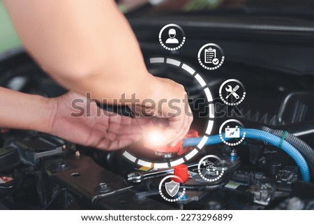 Car service technology, Terms of Customer Service Guarantee on virtual screens concept, Employees maintenance check the conditions of service repair auto part on standard process 