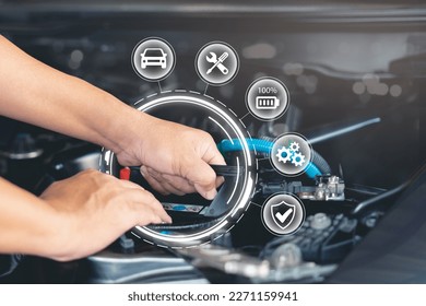 Car service technology,Customer Satisfaction Guarantee on virtual screens concept, Employees check the conditions of quality warranty and service repair auto part of car service process - Shutterstock ID 2271159941