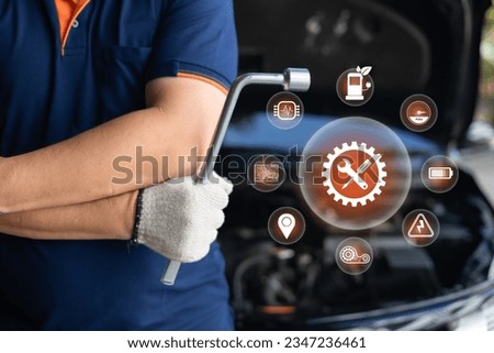 Car service technology,Customer Satisfaction Guarantee on virtual screens concept, Employees check the conditions of quality warranty and service repair auto part of car service process
