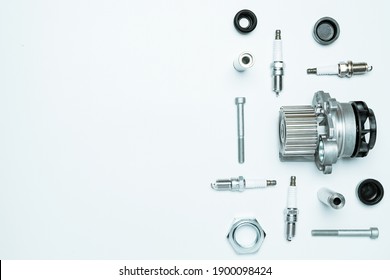 Car Service Tools. Set Of New Metal Car Part. Auto Motor Mechanic Spare Or Automotive Piece Isolated On White Background. Technology Of Mechanical Gear With Space For Text