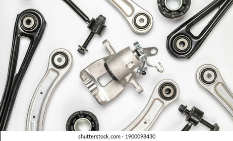 Car Service Tools. Set Of New Metal Car Part. Auto Motor Mechanic Spare Or Automotive Piece Isolated On White Background. Technology Of Mechanical Gear With Space For Text