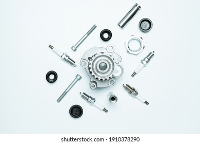 Car Service Tools. Set Of New Metal Car Part. Auto Motor Mechanic Spare Or Automotive Piece Isolated On White Background. Technology Of Mechanical Gear With Space For Text