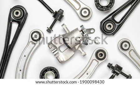Car service tools. Set of new metal car part. Auto motor mechanic spare or automotive piece isolated on white background. Technology of mechanical gear with space for text Сток-фото © 