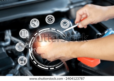 Car service warranty online concept, Service warranty icons, Technician replacing the air filter of car engine basic maintenance, procedures online system, Product quality assurance for customer 
