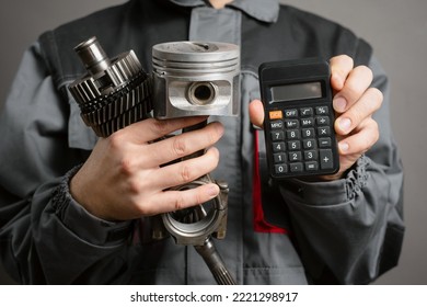 Car service worker in hands with engine piston, gearwheel and calculator is calculating the price of car spare parts. Car repair cost estimate. - Shutterstock ID 2221298917