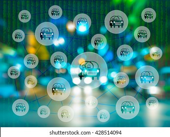 Car Share Concept. Sharing Economy And Collaborative Consumption. Car Sharing Icons On Digital Code And Street Light   Background.