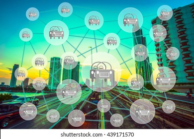 Car Share Concept. Sharing Economy And Collaborative Consumption. Car Sharing Icons On Abstract City Street Background.