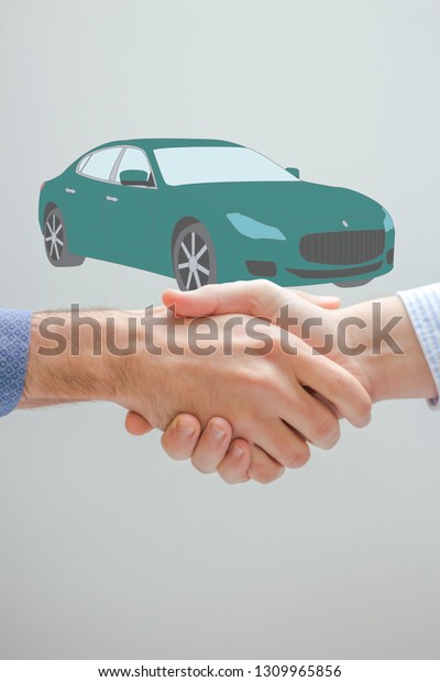 Car sharing concept. Successful\
handshaking of two men and car sketch in the\
background.
