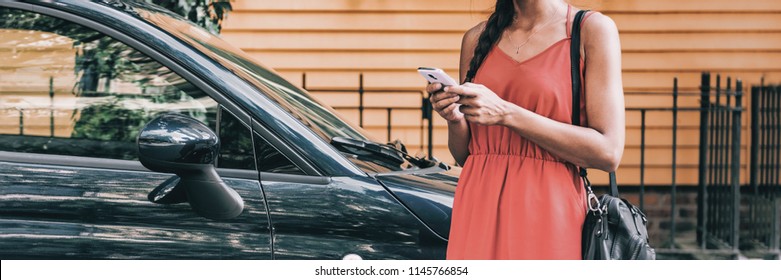 Car Sharing Rideshare Mobile Phone App Woman Using Smartphone Online To Rent On Travel Holiday. Banner Panorama. Technology Device.