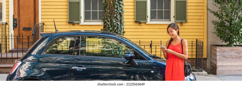 Car Sharing Rideshare Phone App Woman Using Technology Mobile Device Online To Sell Used Car Or Find Parking In The City Street At Home. New Car Owner Young Driver Girl Banner Panoramic.