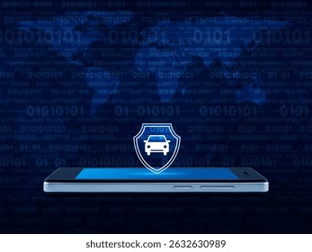 Car with shield icon on modern smart mobile phone screen over world map and computer binary code blue background, Business automobile insurance online concept, Elements of this image furnished by NASA