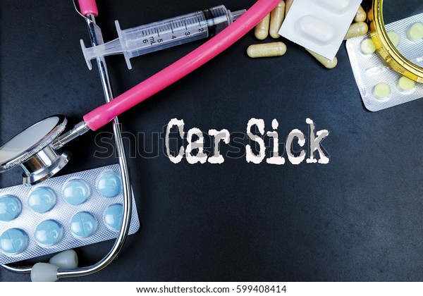 Car Sick word, medical term word\
with medical concepts in blackboard and medical\
equipment