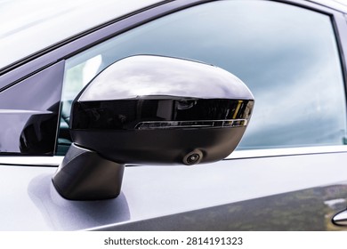 Car Side Mirror With Camera Driver Assistance System And Turn Signal Close Up