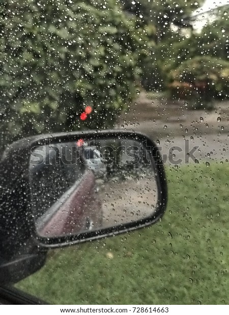 Car side mirror with water drop with green\
tree and grass background
