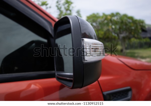 Car\
side wing mirror with light on nature\
background.