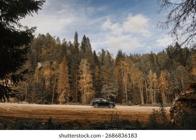 A car is slowly driving down a bumpy dirt road that winds through the dense woods of nature, surrounded by tall trees and greenery
